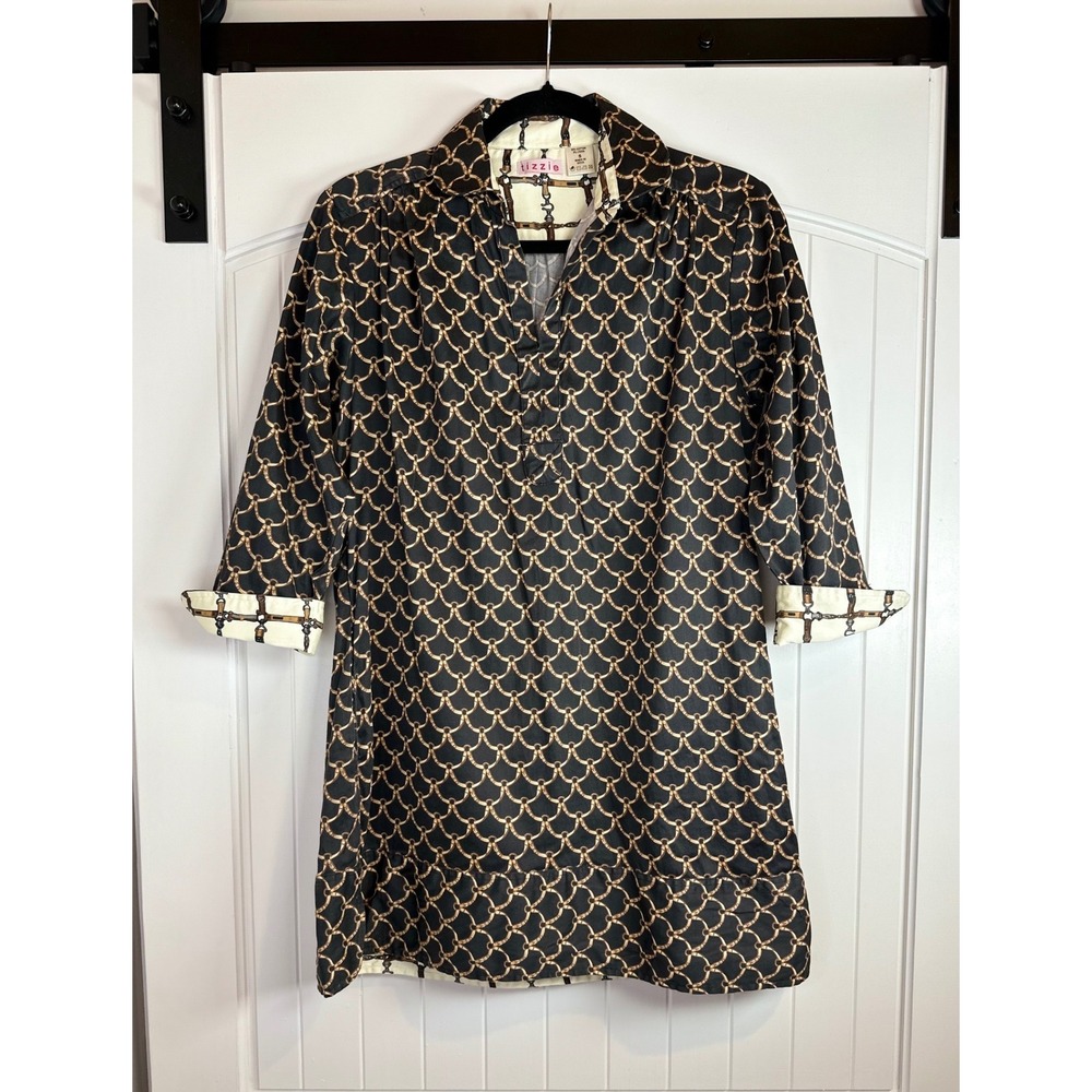 Tizzie Womens Small Black Gold Equestrian Chain Print Dress 3/4 Sleeve Cotton‎